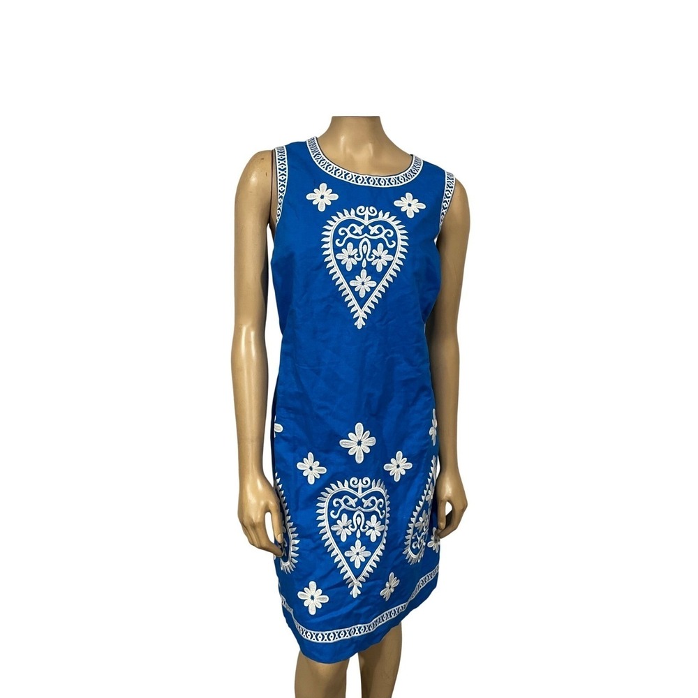 Boden Blue White Embroidered Heart Flower Sleeveless Shift Dress Garden Party 14